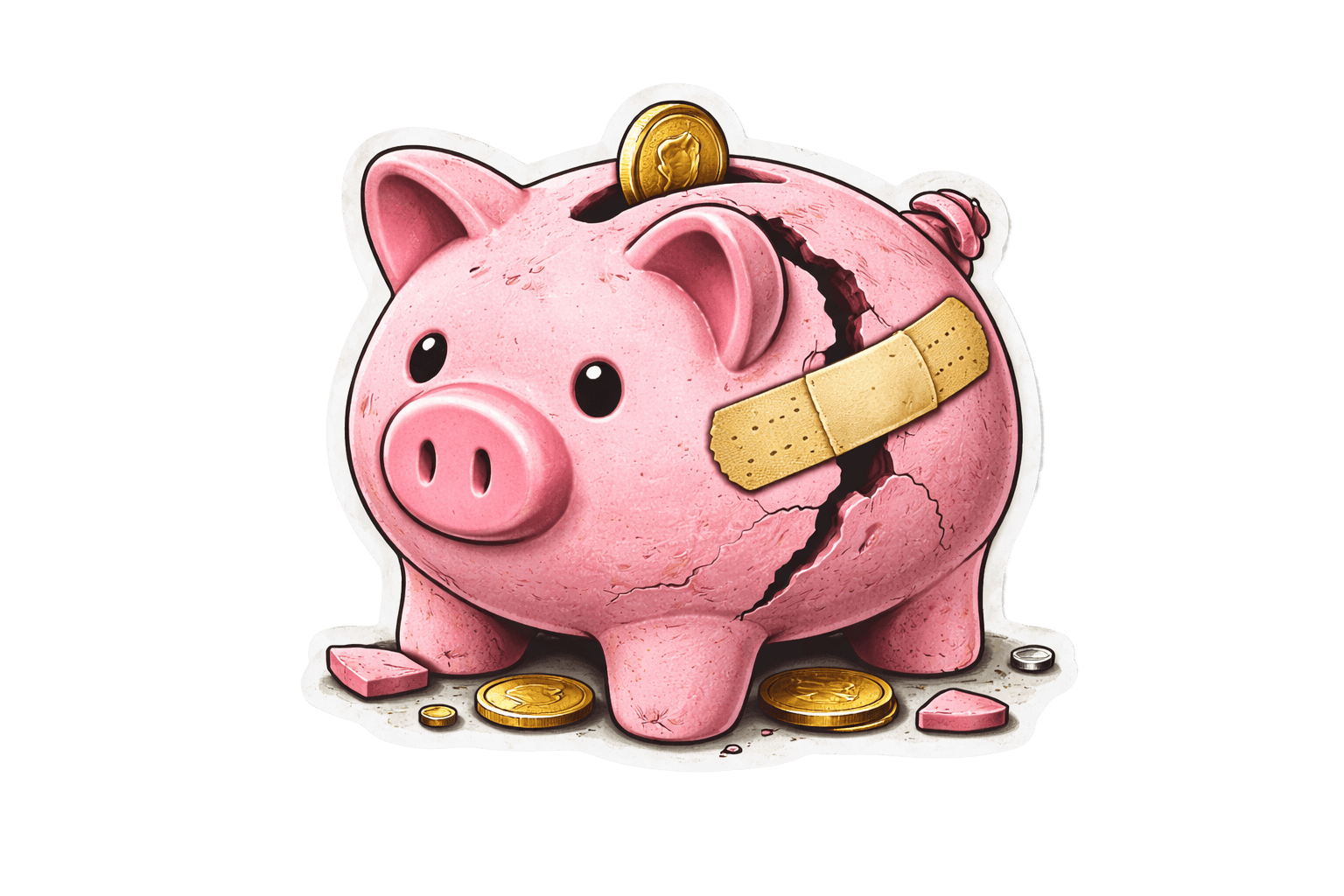 A cracked piggy bank patched with a bandage
