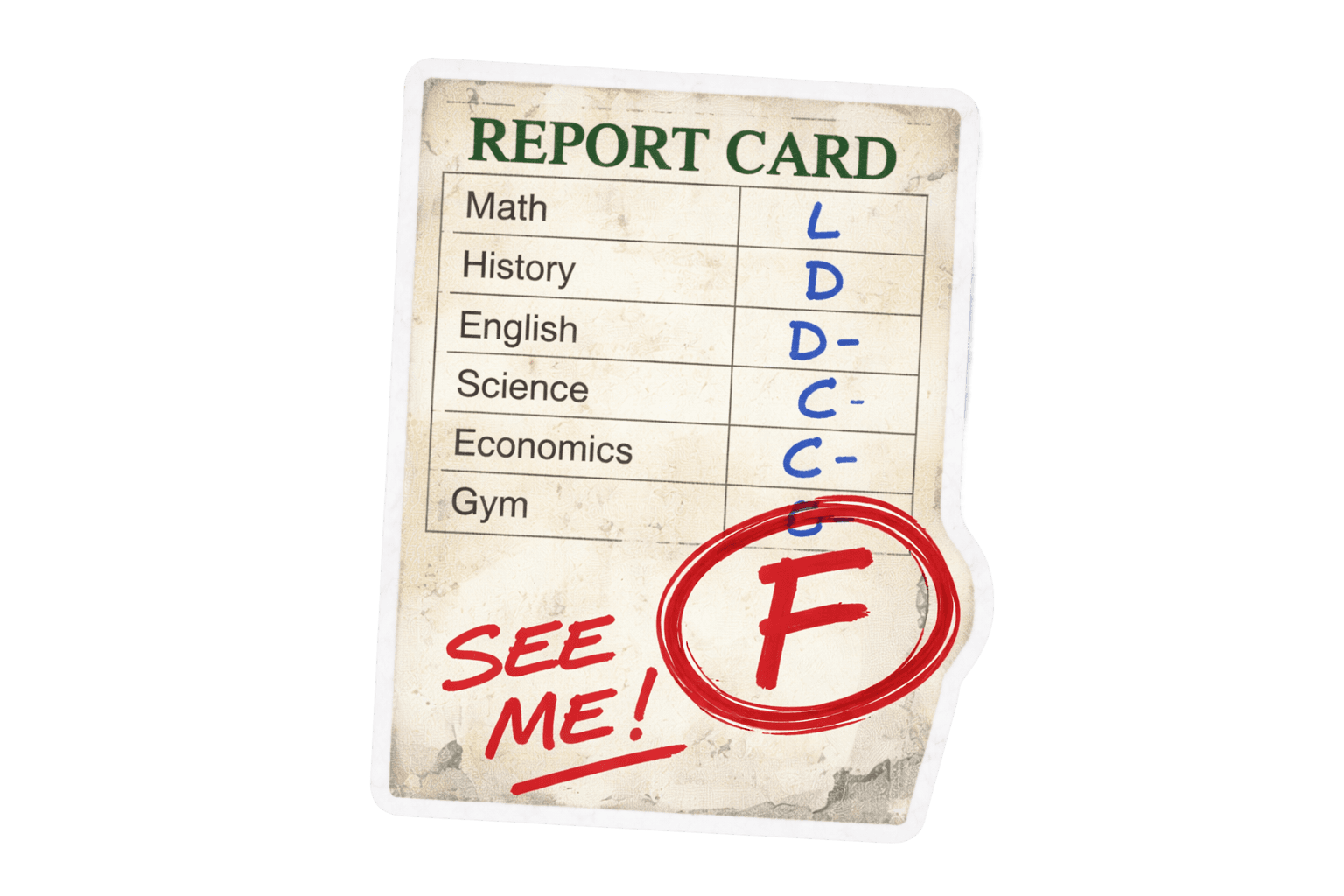 A report card with an F and the note “See me!”