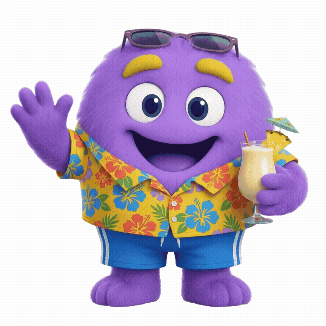 Smooth’s purple mascot in a Hawaiian shirt, waving and holding a drink