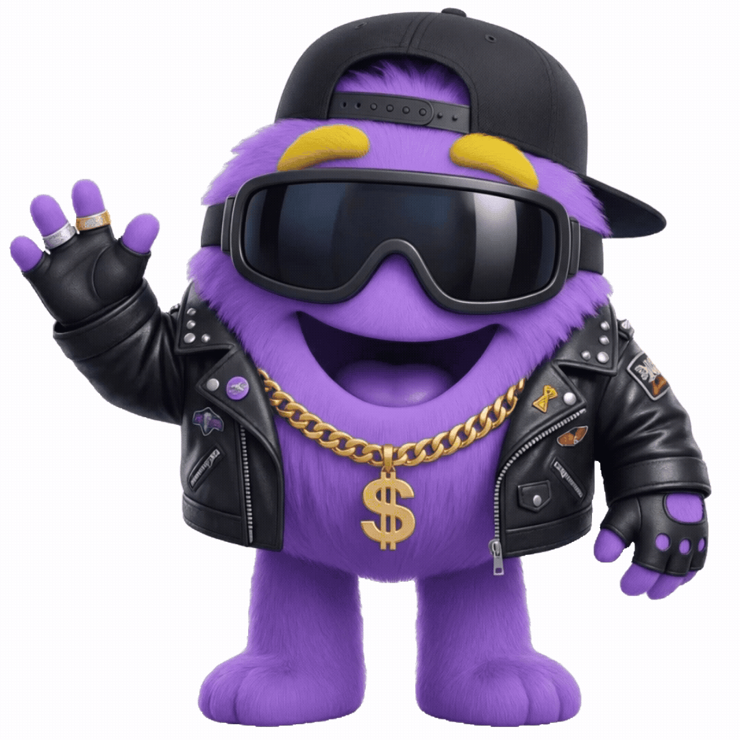 Smooth’s purple mascot in sunglasses, a cap, a leather jacket and a gold $ chain