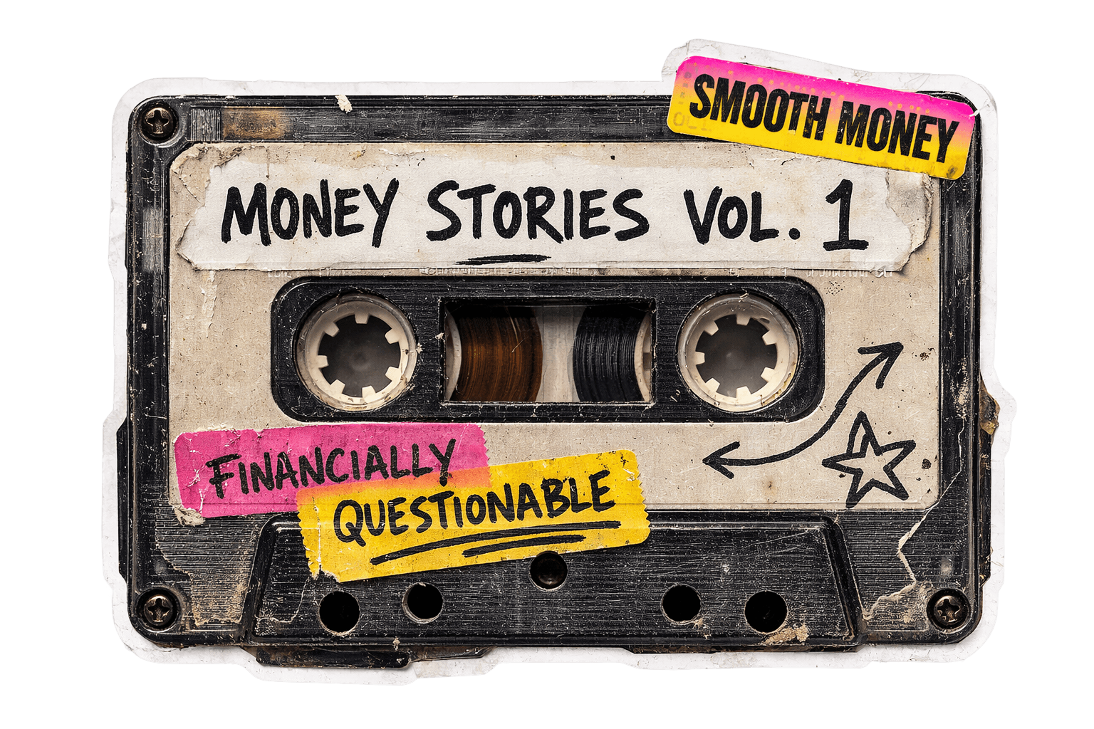 A cassette tape labelled “Money Stories Vol. 1 – Financially questionable”