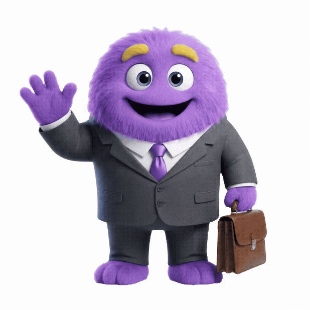 Smooth’s purple mascot in a suit, carrying a briefcase